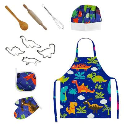 Kids Pretend Play Kitchen Baking Tool Set, Dinosaur Apron 4pcs/11pcs Set, Great Gift For Easter ,Toys For Girls,Kitchen Toys,Birthday Gift,Kitchen