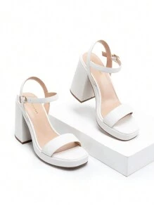 Women Chunky Heel Platform Sandals Open Toe Fashionable Ankle Strap Buckle Decor Heeled Sandals For Halloween Party Evening Prom Wedding - White - View 4