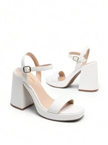Women Chunky Heel Platform Sandals Open Toe Fashionable Ankle Strap Buckle Decor Heeled Sandals For Halloween Party Evening Prom Wedding - White - View 7