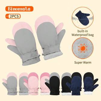 Binomata 2 Pairs Kids Boys And Girls Cartoon Mittens, 0-1 Years S Size Baby Gloves, 1-3 Years M Size Snow Play Gloves, 3-6 Years L Size Outdoor Waterproof Warm Windproof Gloves For Winter Snow Play And Skiing