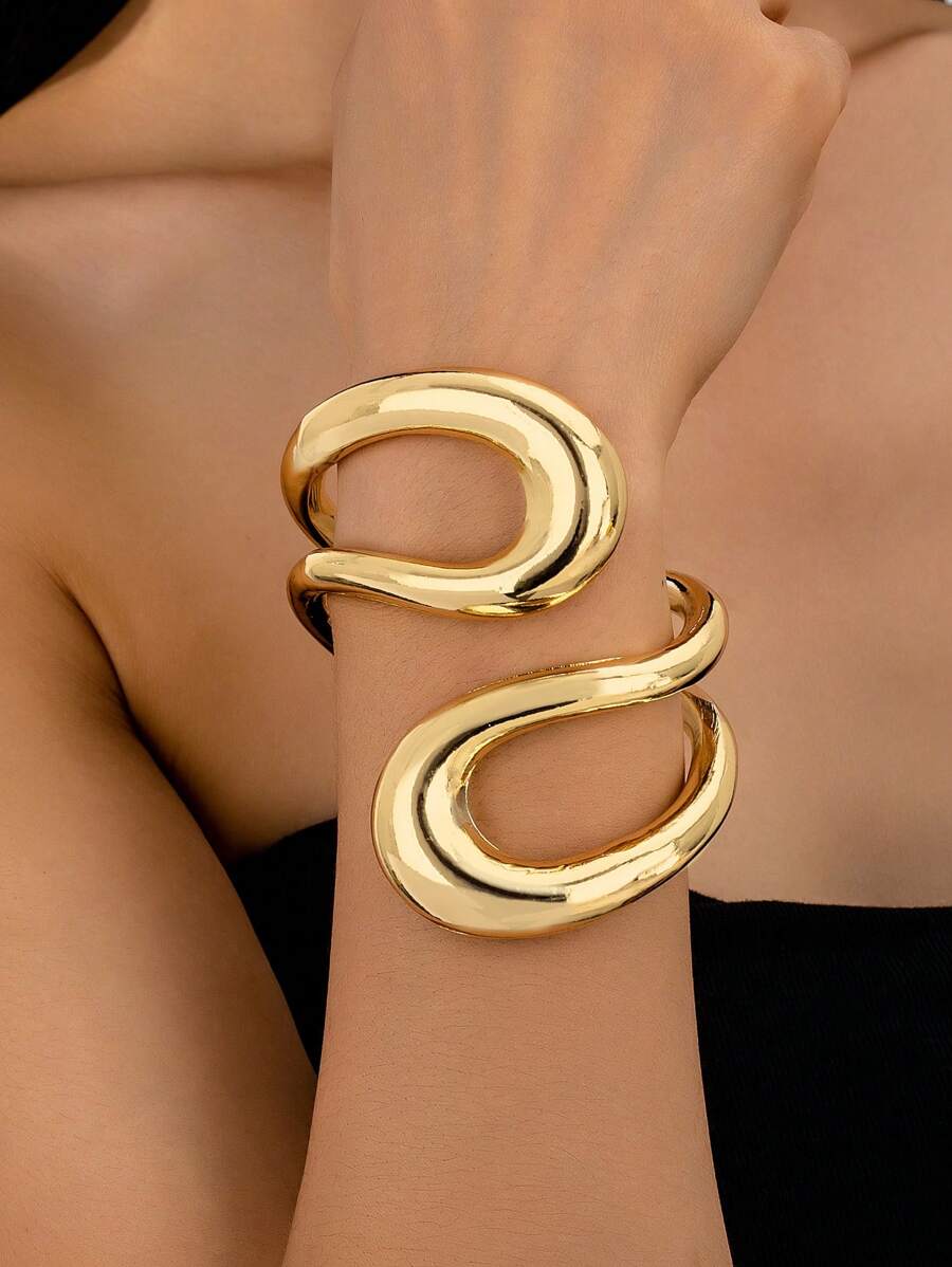 1 pieza Brazalete grande dorado, diseño geométrico, adecuado para mujeres, gran regalo para cumpleaños, festividades - Dorado - Ver 1