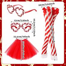 4 Stücke/Set Weihnachts-Kostüm-Accessoires für Frauen, bestehend aus Weihnachtsmann-Mütze mit Zuckerstangen, Zuckerbrillen, Tüllrock und gestreiften Socken