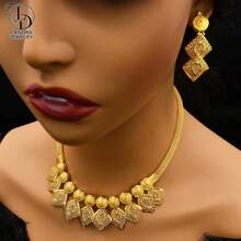 Conjunto de 2 piezas de joyería de lujo chapado en oro de 24K con collar de hoja de cobre y aretes, estilo elegante de moda para mujeres de Oriente Medio, aretes nupciales de boda de Dubai