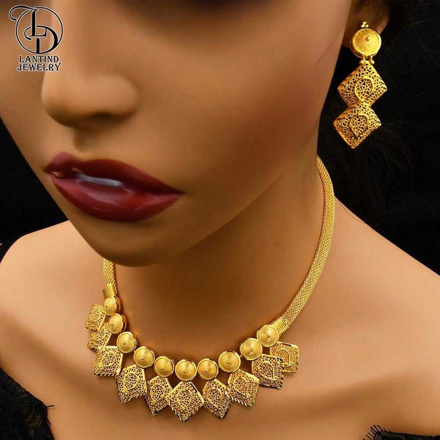 Conjunto de 2 piezas de joyería de lujo chapado en oro de 24K con collar de hoja de cobre y aretes, estilo elegante de moda para mujeres de Oriente Medio, aretes nupciales de boda de Dubai