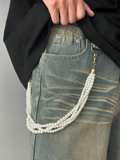 1 件男士时尚休闲简约多层仿珍珠腰带链，用于裤子装饰