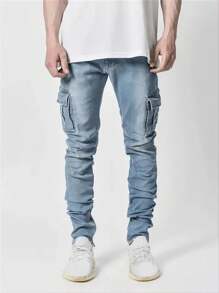Men's Fashion Stretch Multi-Pocket Skinny Cargo Jeans - Baby Blue - View 2