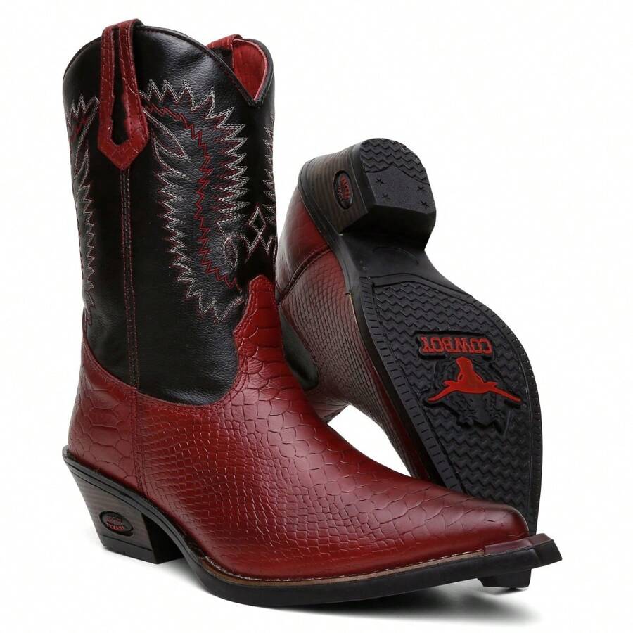 Men's Texan Country Boot, Long Shaft, Embroidered, Pointed Toe, Blaqued Rubber Sole, Total Comfort, New Release - 紅色 - 查看 1