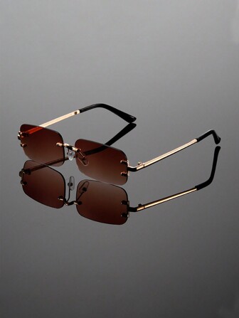 1Pc Men New Frameless Square Fashion Glasses Minimally Advanced Sense Metal Frame Design And Chic Gradient Lenses Women Glasses Suitable For Travel Street Photography Decoration Wearing For Summer Beach Vacation,Outdoor,Travel