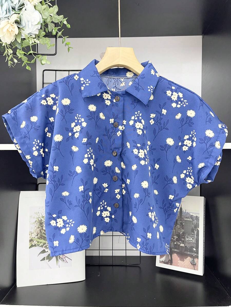 ELLIE Casual Striped Print Loose Cropped Shirt - 寶藍色 - 查看 1