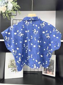 ELLIE Casual Striped Print Loose Cropped Shirt - 寶藍色 - 查看 5