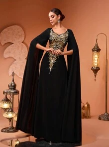 New Luxury Elegant Women's Sequin & Lace Floral Patchwork Stretch Dress With High Slit, Formal Evening Party Gown (Size Runs Large, Please Check Size Chart When Ordering) - Black - View 4