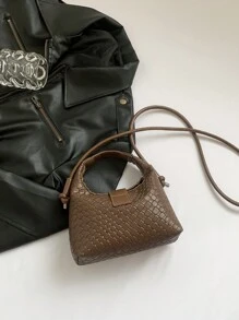 1 件拉链封口纯色 PU 编织手提包，复古新月单肩包，时尚百搭，适合女性约会日常使用礼物 - 咖啡棕 - 查看 10