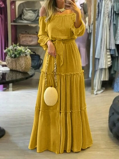 Women Off Shoulder Solid Color Long Sleeve Belted Elegant Dress, Summer Clothes & Vacation Outfits, Boho Style