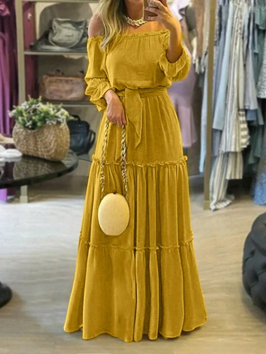 女款露肩純色長袖繫帶優雅洋裝,夏季服飾與度假穿搭,波希米亞風 春季黃色 - 黃色 - 查看 1