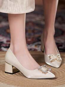 女士粗跟鞋，优雅鞋，时尚高跟鞋，四季新款，性感 - 米色 - 查看 3