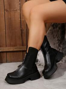 Women's Plus Size Square Toe Front Zipper Platform Chunky Heel Slim Ankle Boots, Outer Wear