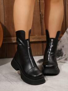 Women's Plus Size Square Toe Front Zipper Platform Chunky Heel Slim Ankle Boots, Outer Wear
