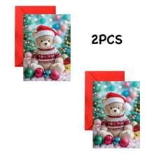 1pc/2pcs Beautifully Designed Cute Party Bear Wearing Santa Hat Greeting Cards, Christmas Cards, Birthday Cards, Perfect Gift For Teddy Bear Lovers, With Envelope, Suitable For Family, Friends, Son, Daughter, Nephew, Niece, Grandson, Granddaughter, Quality Thick Cardstock, Comfortable Feel