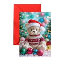 1pc/2pcs Beautifully Designed Cute Party Bear Wearing Santa Hat Greeting Cards, Christmas Cards, Birthday Cards, Perfect Gift For Teddy Bear Lovers, With Envelope, Suitable For Family, Friends, Son, Daughter, Nephew, Niece, Grandson, Granddaughter, Quality Thick Cardstock, Comfortable Feel