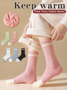 5 双女士条纹厚中筒袜，适合秋冬季，保暖毛巾袜，防臭，透气袜子，学院风运动长袜，纯色，百搭，可搭配打底裤 - 彩色 - 查看 1