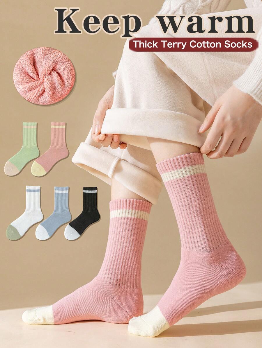 5 双女士条纹厚中筒袜，适合秋冬季，保暖毛巾袜，防臭，透气袜子，学院风运动长袜，纯色，百搭，可搭配打底裤 - 彩色 - 查看 1