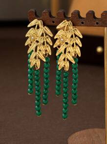 1 Cặp bông tai thắt nút bằng tre thủ công cổ điển, phong cách tối giản Châu Âu và Mỹ - Bông tai đính cườm lá tre - Xem 1