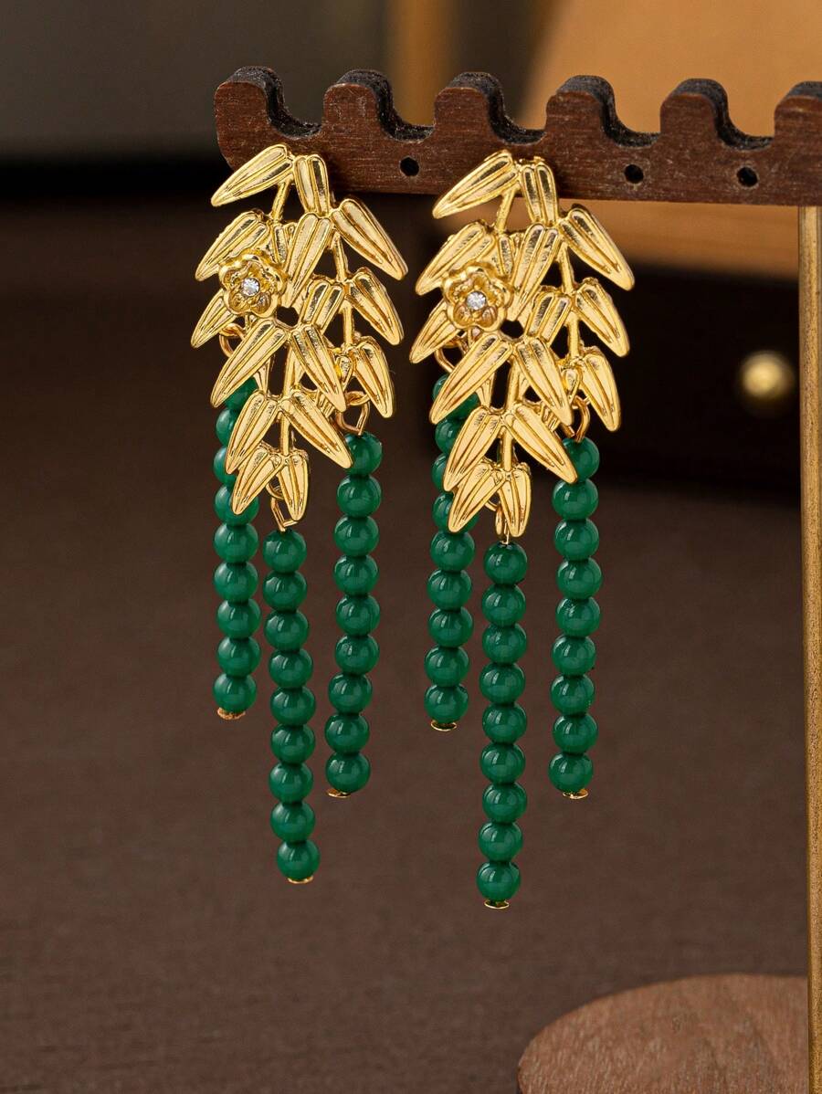 1 Cặp bông tai thắt nút bằng tre thủ công cổ điển, phong cách tối giản Châu Âu và Mỹ - Bông tai đính cườm lá tre - Xem 1