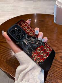 WeiMi 1pc Vintage Red Background Totem Black Horse Head Striped Faux Leather Texture Shockproof Soft Phone Case Compatible With IPhone And 16/16PLUS/16PRO/16PROMAX - Multicolor - View 5