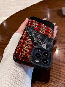 WeiMi 1pc Vintage Red Background Totem Black Horse Head Striped Faux Leather Texture Shockproof Soft Phone Case Compatible With IPhone And 16/16PLUS/16PRO/16PROMAX - Multicolor - View 4