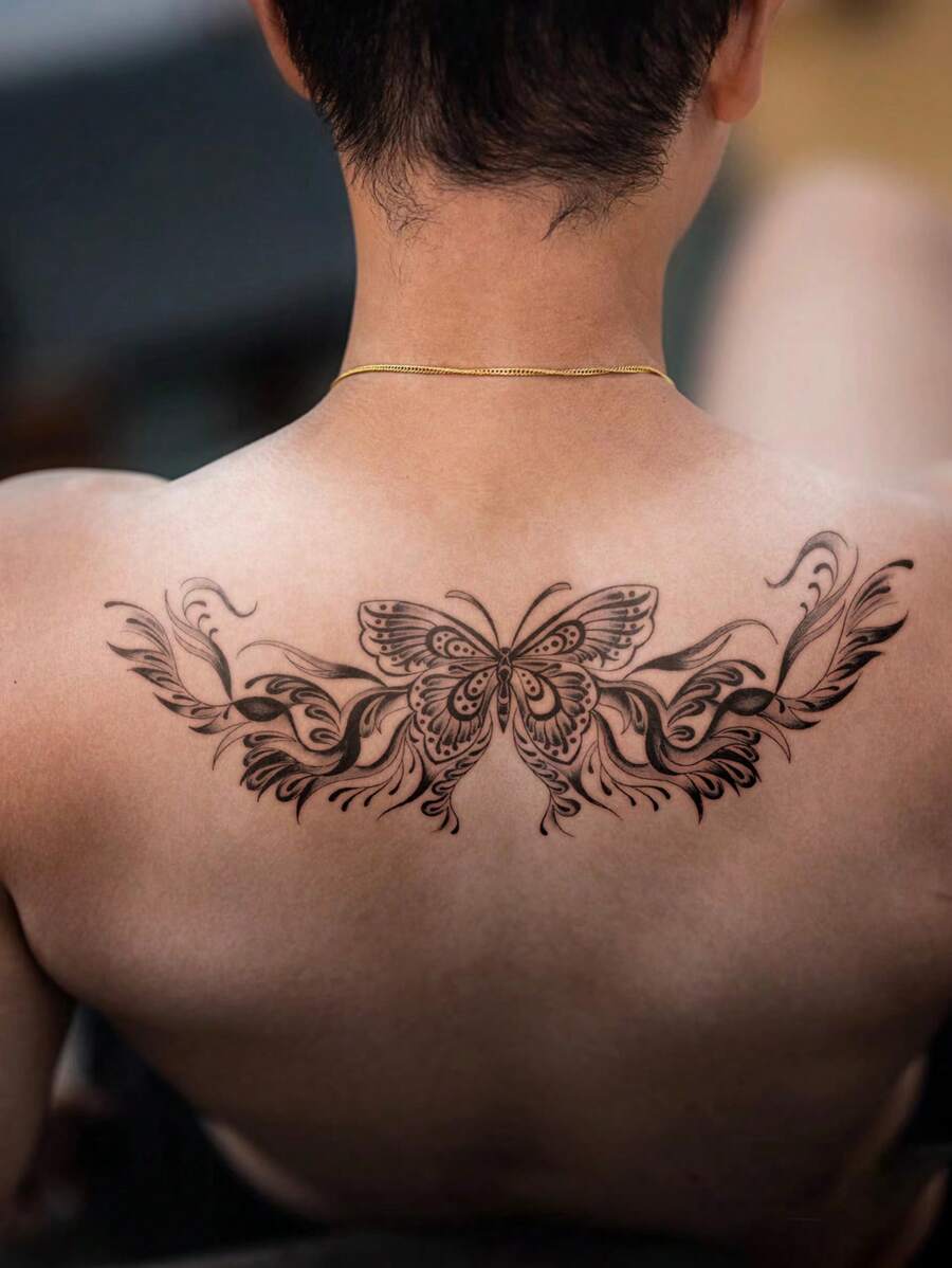 1 件黑色花卉胸部纹身贴纸，性感蝴蝶图案全胸部、锁骨、腹部和背部临时防水假纹身贴 - 黑色 - 查看 1