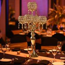 5-Arm Golden/Silvery Crystal Candelabra, 22.5-Inch Tall Wedding Centerpiece, Tabletop Candle Holder For Wedding Decor, Birthday Parties, Festive Celebrations, Living & Dining Room Decor