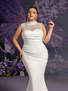 Faeriesty Plus Beaded Detail Mock Neck Ruched Front Mermaid Hem Wedding Dress - White - View 8