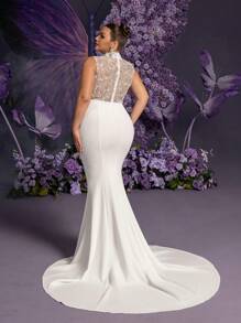 Faeriesty Plus Beaded Detail Mock Neck Ruched Front Mermaid Hem Wedding Dress - White - View 3