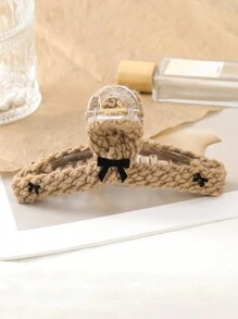 1 件简约编织蝴蝶结发夹，秋冬款 - 卡其色 - 查看 2