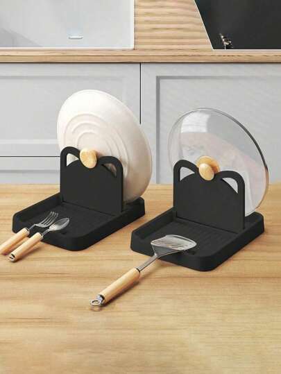 1pc Tampa de armazenamento Rack, Multi-Função Tampa Suporte e Ladle Rack, Conveniente Bancada de Cozinha Acessórios Organizadores