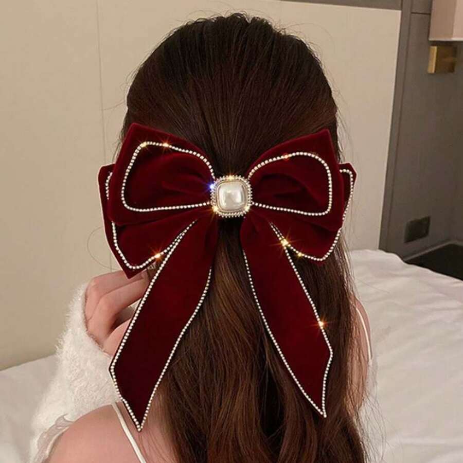 1 kẹp tóc nơ ngọc trai đính đá nhung - Nhiều màu - Xem 1