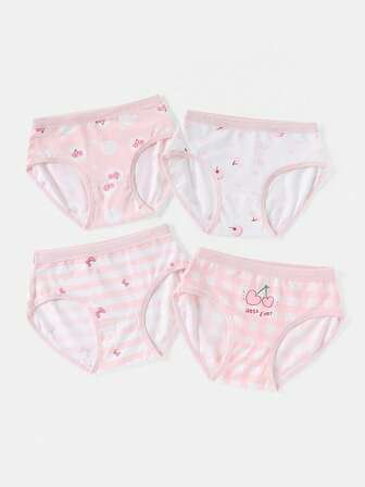 4 件装年轻女孩甜美樱桃印花内裤，适合所有季节