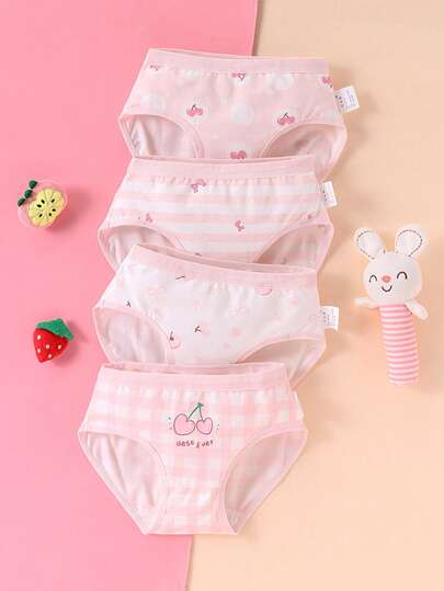 4 件装年轻女孩甜美樱桃印花内裤，适合所有季节