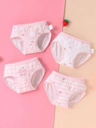 4st/pack Ung flicka Sweet Cherry Print Trosor, All Season