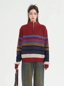 Women's Cozy Stand Collar Striped Long Sleeve Sweater, Premium Quality For Christmas & Winter - Red Stripes - View 4