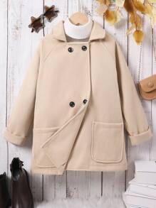 少女翻领休闲双面羊毛外套 - 杏色 - 查看 3