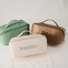 Leather Embroidered Makeup Bag, Large Capacity Cosmetic Bag, Christmas Gift Women, Bridesmaid Gifts, Makeup Organizer, Bridal Shower Gift - Beige - View 2