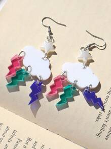 1 对时尚闪电和云吊坠耳环，夸张的闪电设计适合音乐节派对，西式闪电耳环，街头时尚星珍珠耳环 - 閃電耳環 - 查看 7