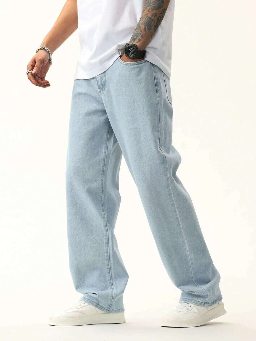 Calça Masculina em Denim Sarja, Modelagem Oversized Reta Confortável Casual Estilo Skate