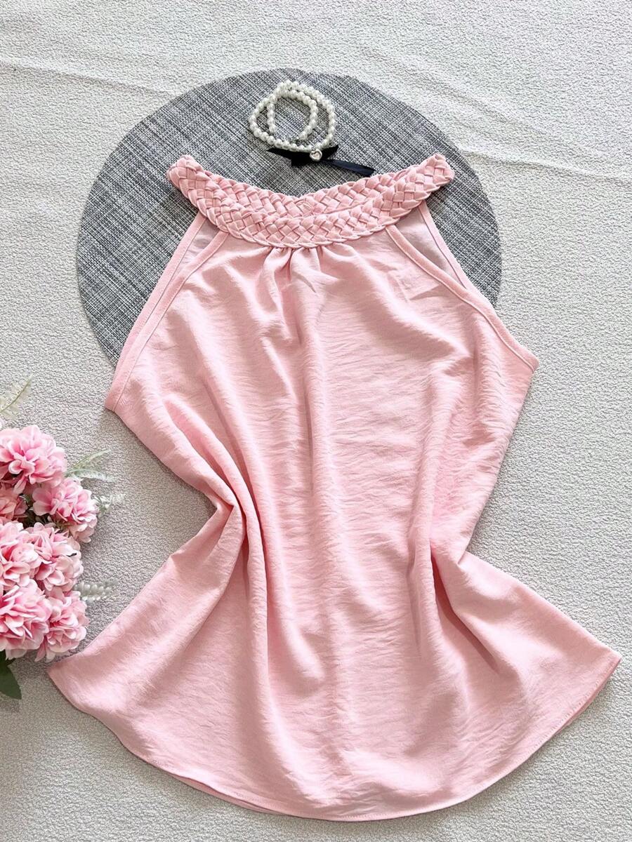 Women's Social Tank Top With Braid On The Collar/Button On The Back - Màu Hồng baby - Xem 1