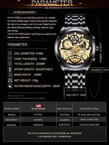 VA VA VOOM 1 件男士手表时尚不锈钢镂空表盘休闲运动风格夜灯男士时钟金色和黑色和银色原装石英机芯水钻奢华腕表 - 黑色 - 查看 5