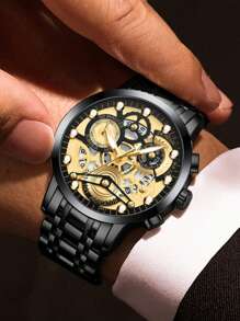 VA VA VOOM 1 件男士手表时尚不锈钢镂空表盘休闲运动风格夜灯男士时钟金色和黑色和银色原装石英机芯水钻奢华腕表 - 黑色 - 查看 6