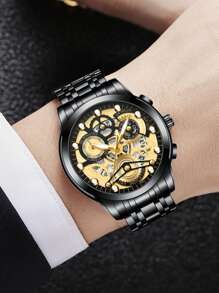 VA VA VOOM 1 件男士手表时尚不锈钢镂空表盘休闲运动风格夜灯男士时钟金色和黑色和银色原装石英机芯水钻奢华腕表 - 黑色 - 查看 7