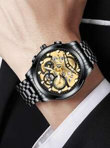 VA VA VOOM 1 件男士手表时尚不锈钢镂空表盘休闲运动风格夜灯男士时钟金色和黑色和银色原装石英机芯水钻奢华腕表 - 黑色 - 查看 8