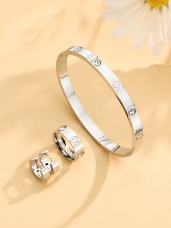 1set/4pcs New Stainless Steel Plant Set For Women Ladies Luxury Zirconia Clover Flower Bracelet Ring Earring Wedding Jewelry